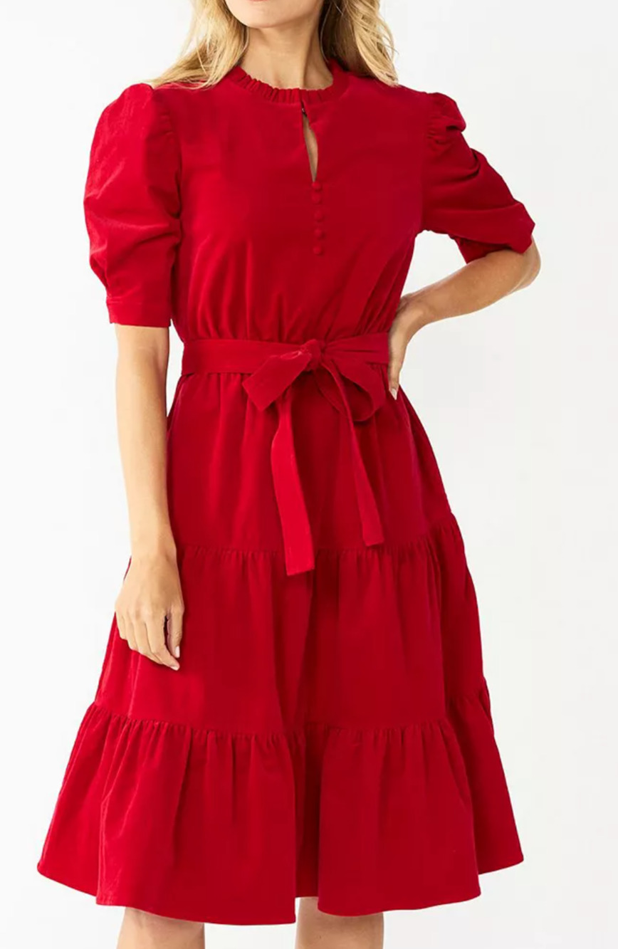 Draper James red velvet corduroy tiered puff sleeve midi dress Size Lrg Cottage